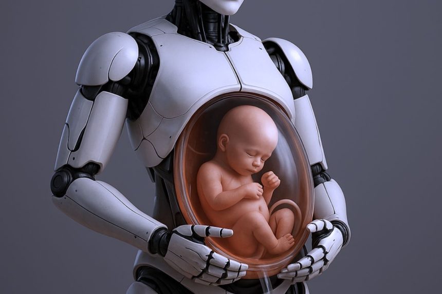 Nėščias humanoidinis robotas – AI sukurtas ateities vizijos atvaizdas