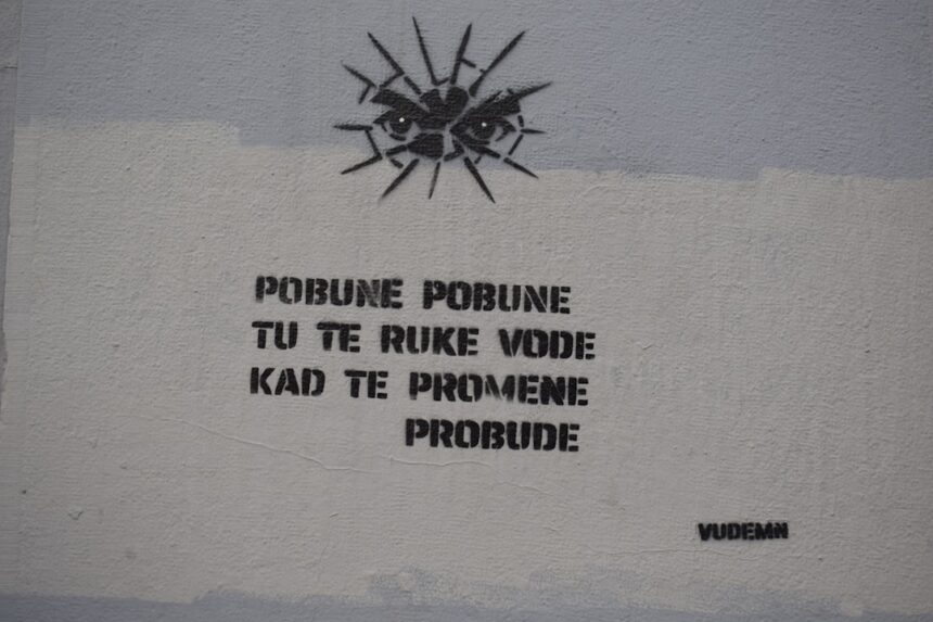 Graffiti with eyes and text on a wall