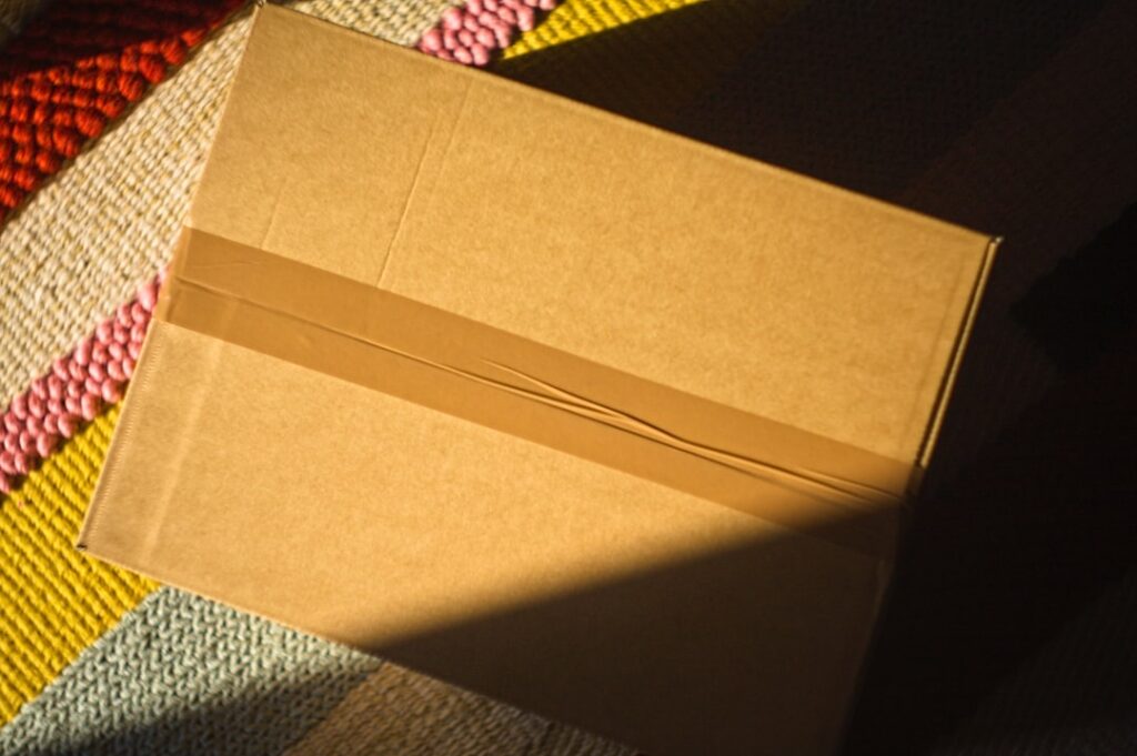 A cardboard box taped shut on a colorful rug.