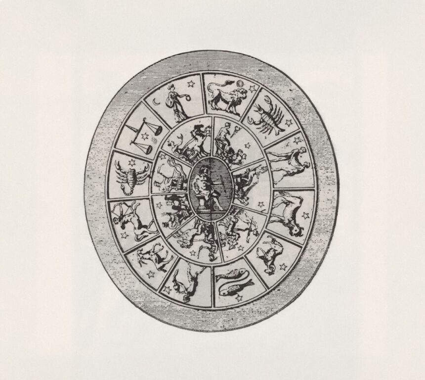 Zodiac wheel with astrological symbols and figures