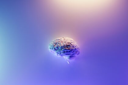 iridescent brain render on blue purple background