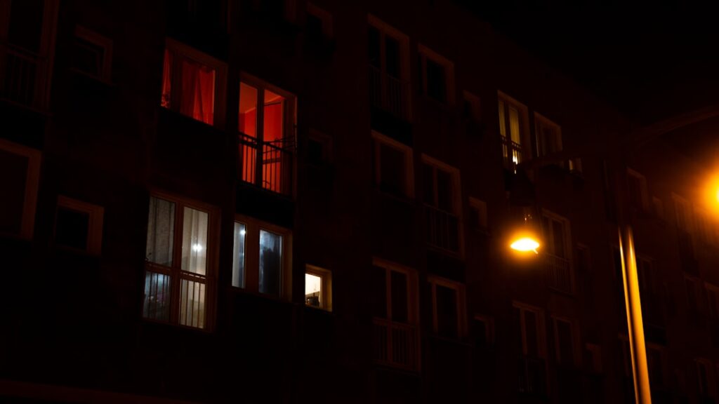 a building with windows at night