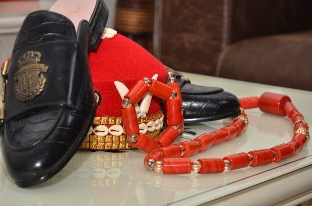 Traditional african attire displayed on a table.