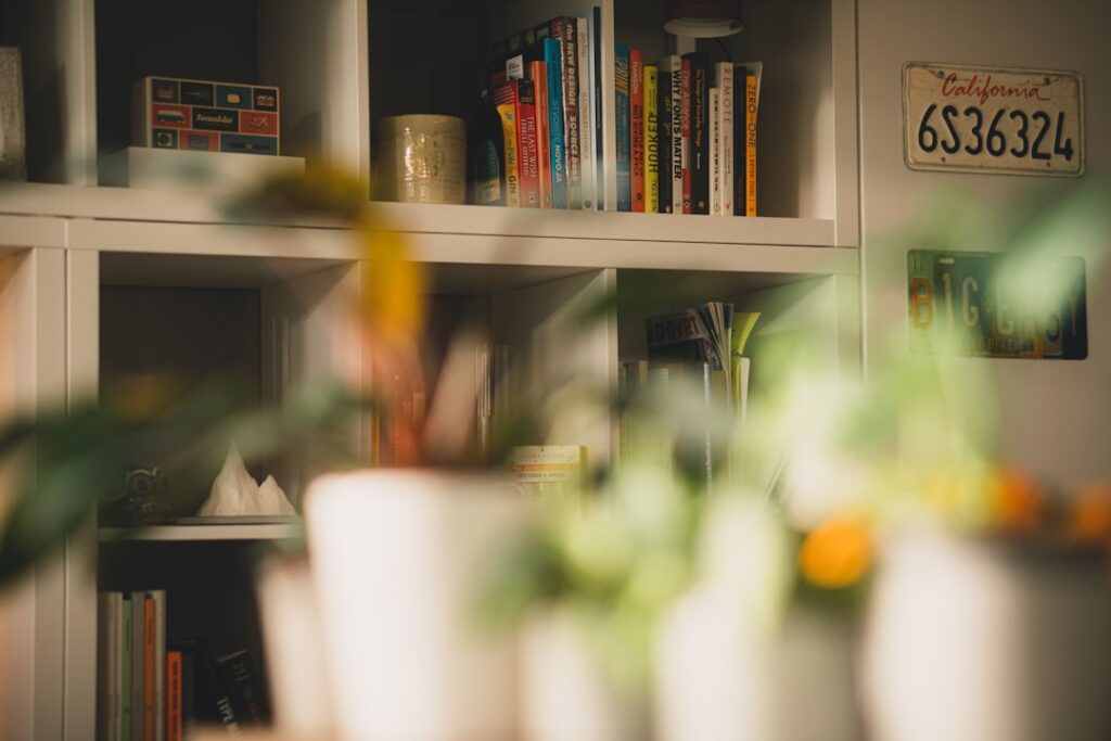 a bookshelf filled with lots of books next to a potted plant