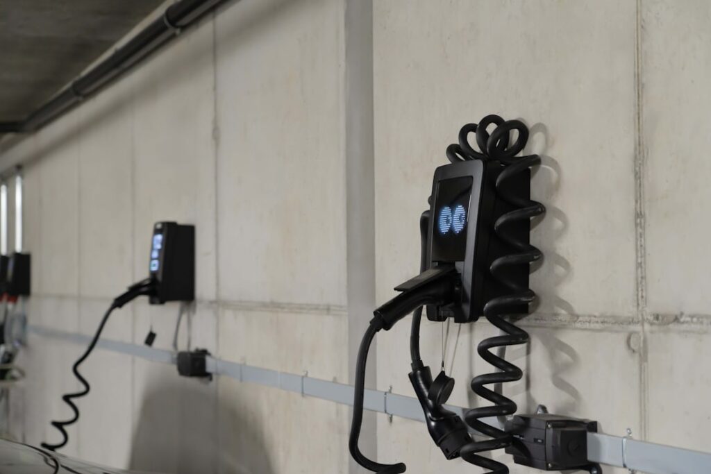 Electric car charging stations mounted on wall