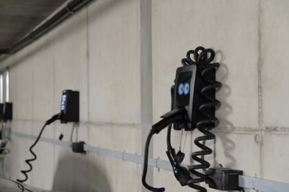 Electric car charging stations mounted on wall