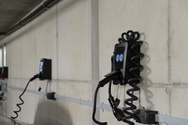 Electric car charging stations mounted on wall