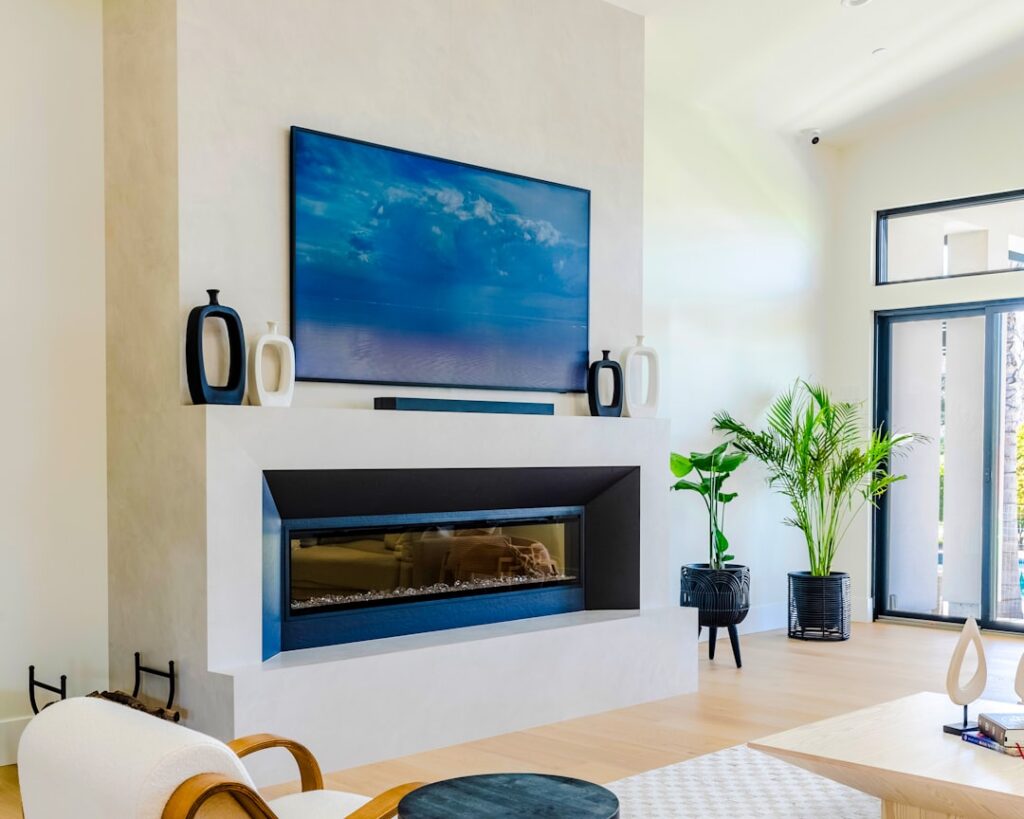 Modern living room with fireplace and large television