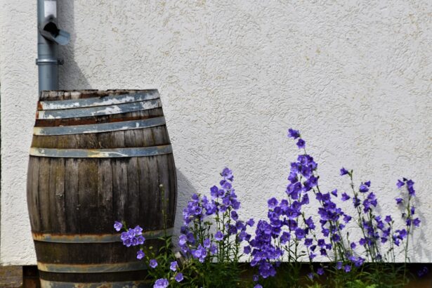purple flowers on brown wooden barrel
