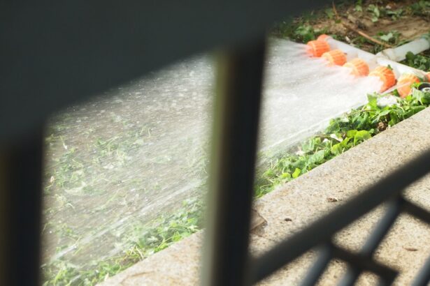 Watering plants with a hose on a sunny day
