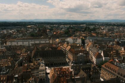 Aerial view of a european city with historic buildings