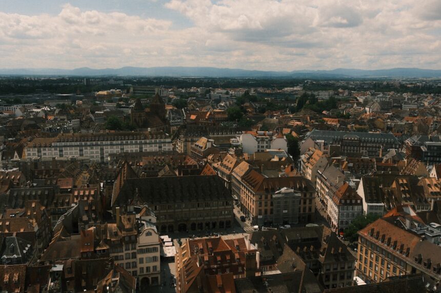 Aerial view of a european city with historic buildings
