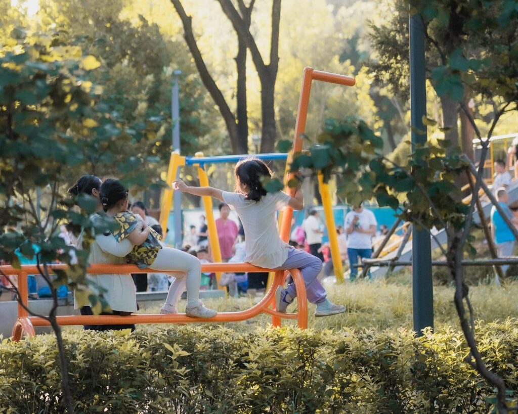 Children playing on playground equipment in a park.