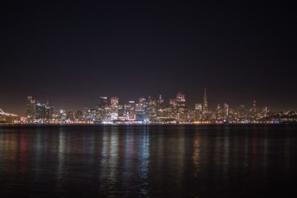 city skyline during night time