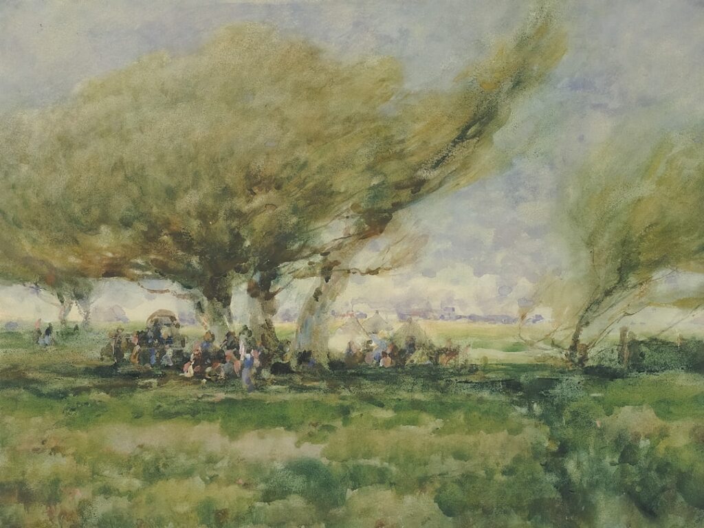 People gathered under large trees in a grassy field.