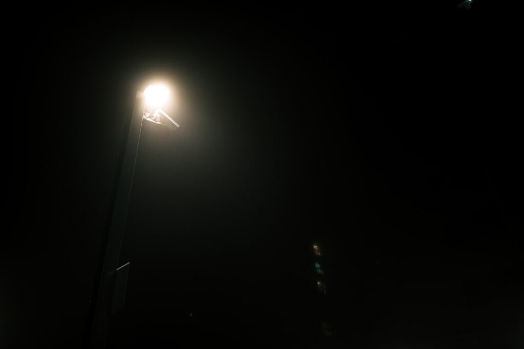 A single streetlamp illuminates a dark, foggy night.