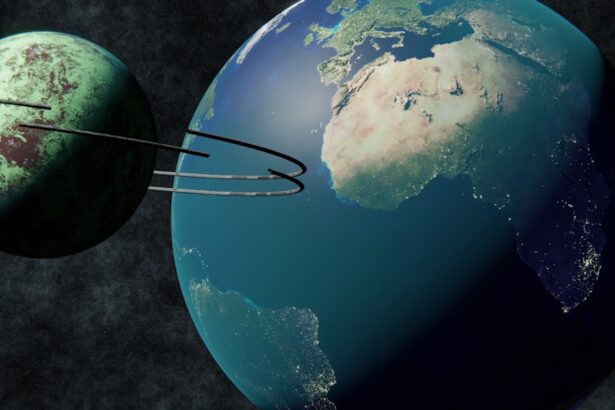 Earth and a ringed alien planet in space