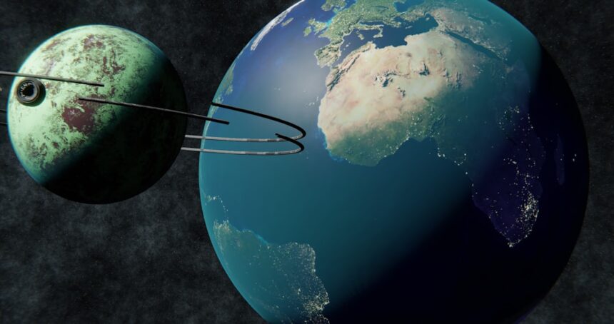 Earth and a ringed alien planet in space