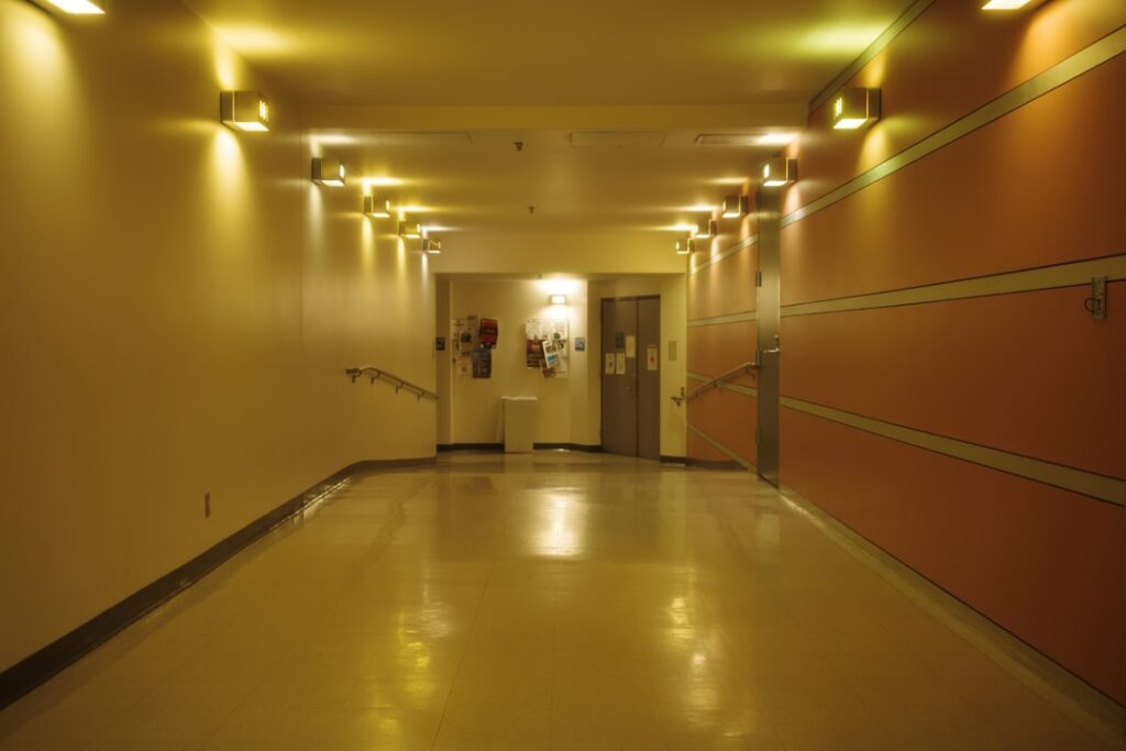 Well-lit hospital hallway with doors at the end of the corridor.