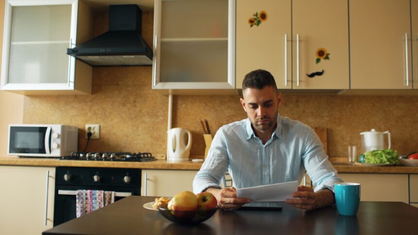 Man reading document at kitchen table with coffee