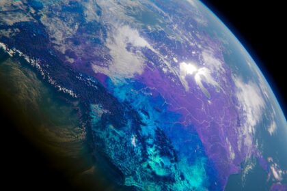 Here's a short caption: a beautiful view of the earth from space.