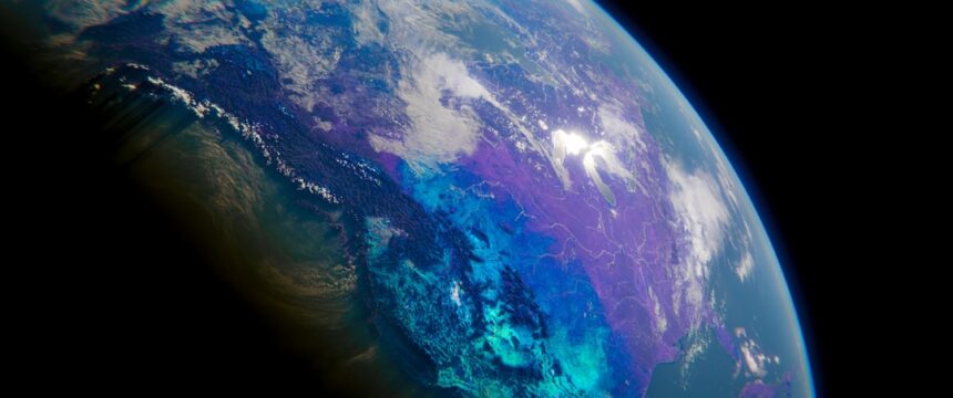Here's a short caption: a beautiful view of the earth from space.