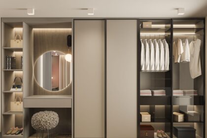 a walk in closet with a mirror and a stool