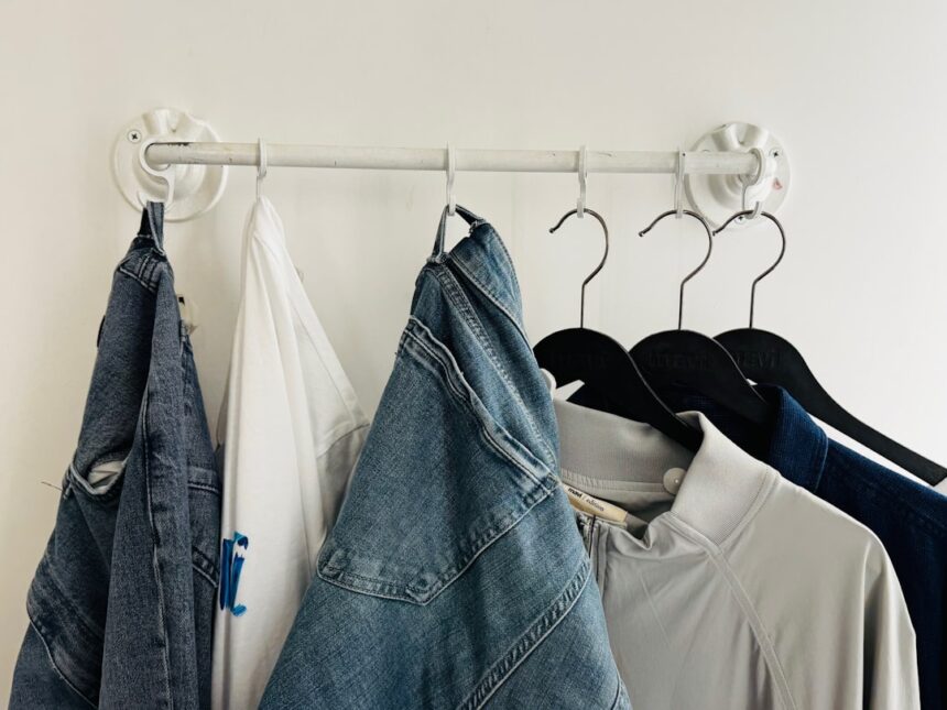 Clothes hang on a rack against a white wall.