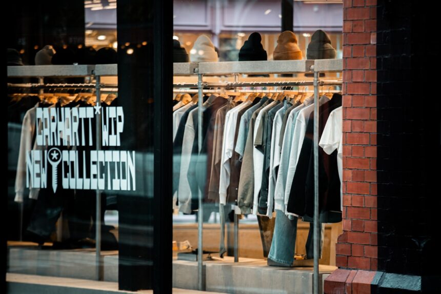 Clothes displayed on racks inside a store window.