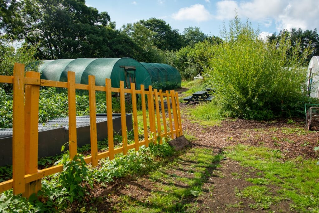Greenhouses and garden with yellow fence in sunlight