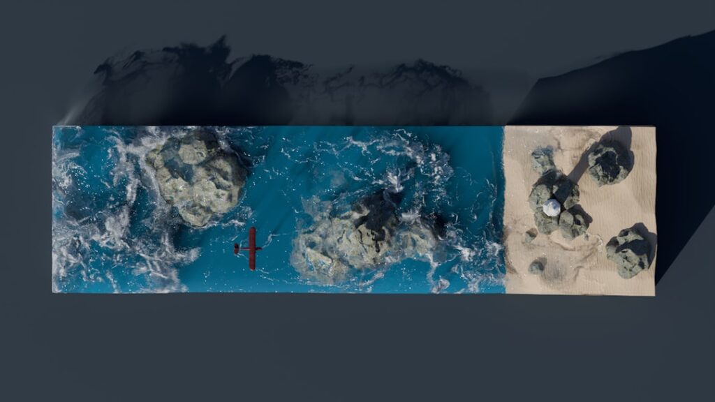 An aerial view of the ocean and land