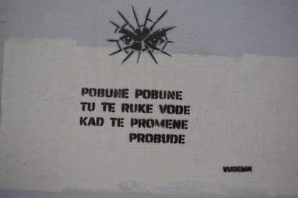 Graffiti with eyes and text on a wall