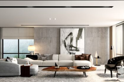 Modern living room with sectional sofa and artwork