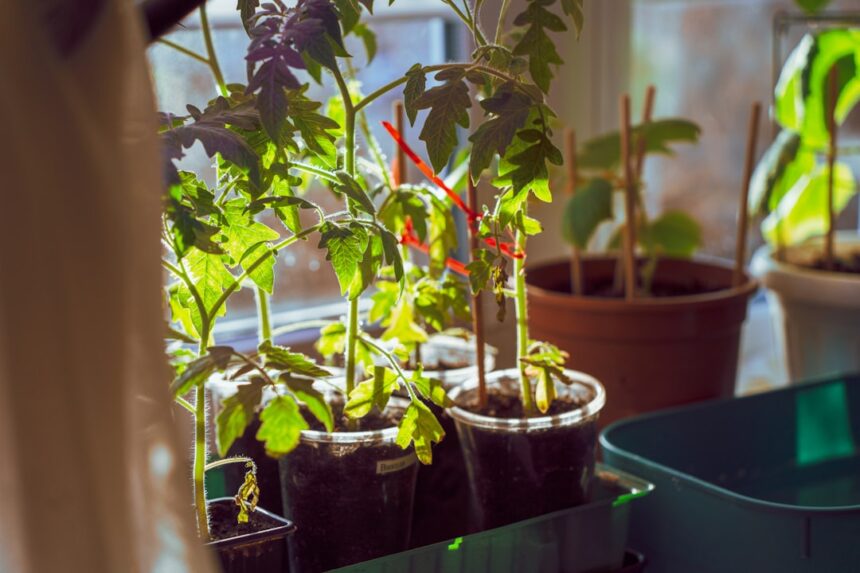 Young tomato plants growing in pots on a windowsill.