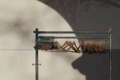 a rack with a bunch of clothes hanging on it