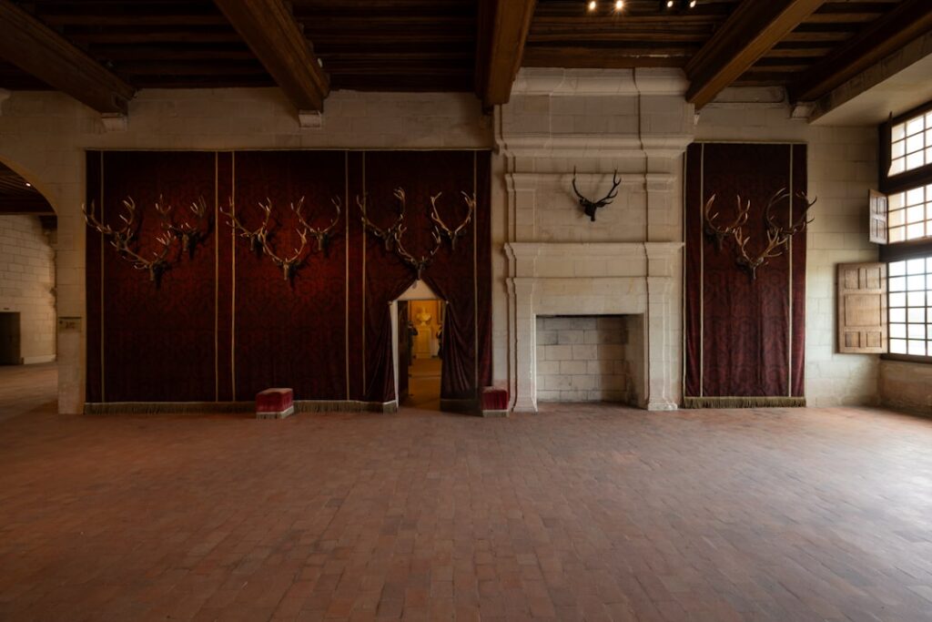 Grand hall with ornate wall hangings and fireplace.