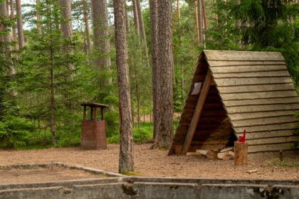 Wooden a-frame cabin in a serene pine forest.
