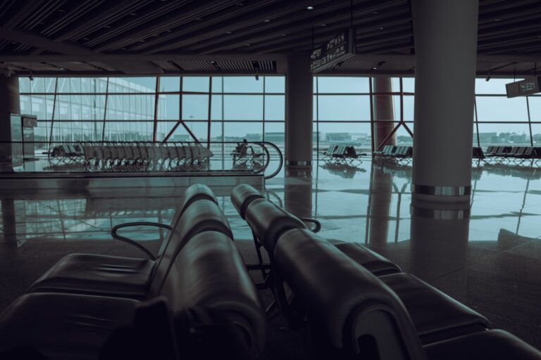 A view of an airport from inside a terminal