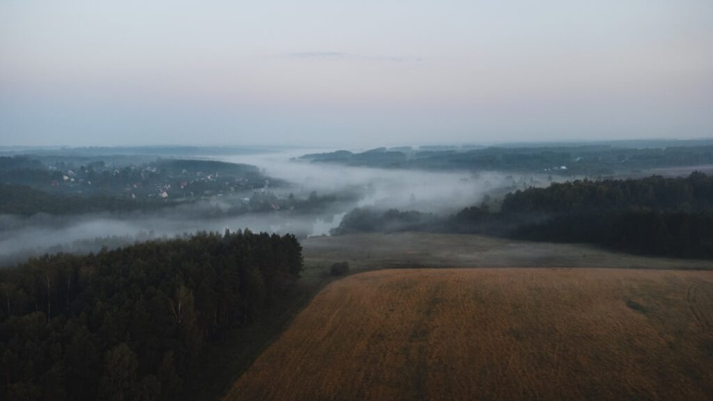 an aerial view of a foggy countryside