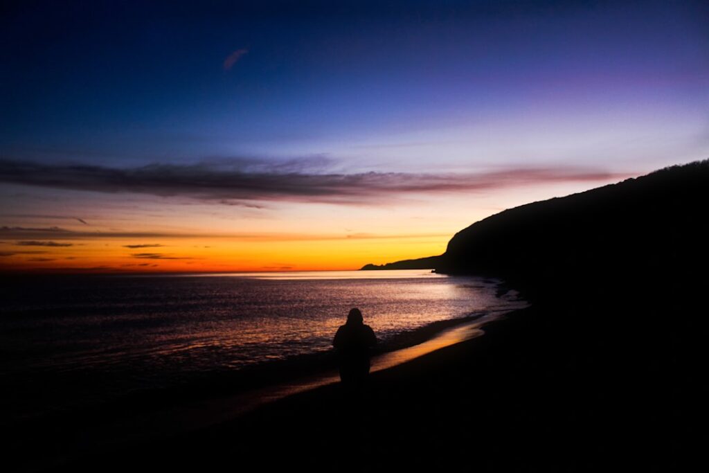 Silhouette of person on beach at sunset