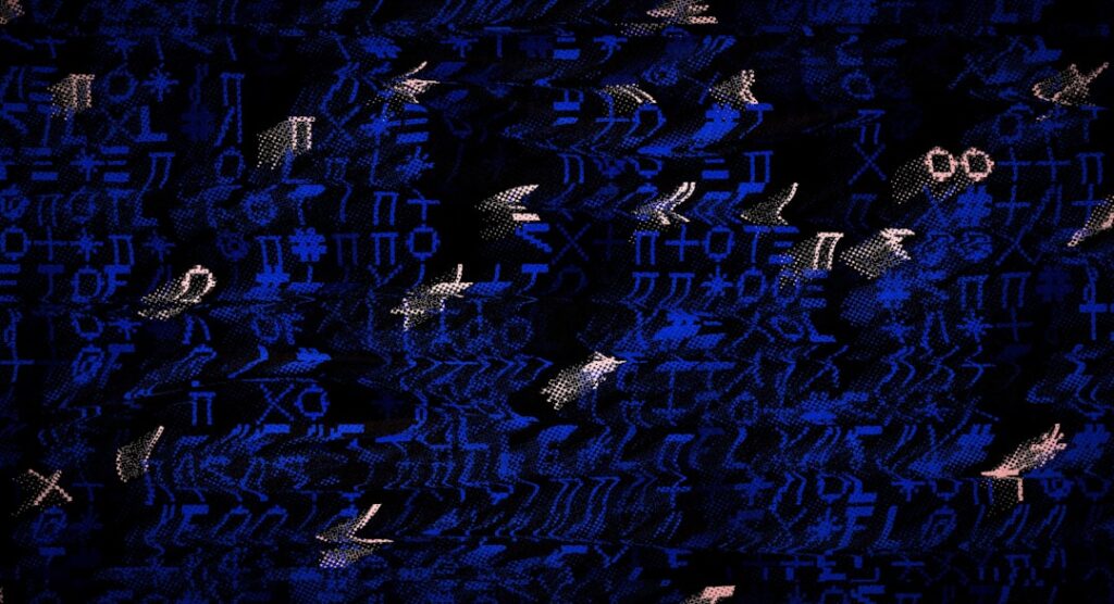 Abstract blue background with floating symbols
