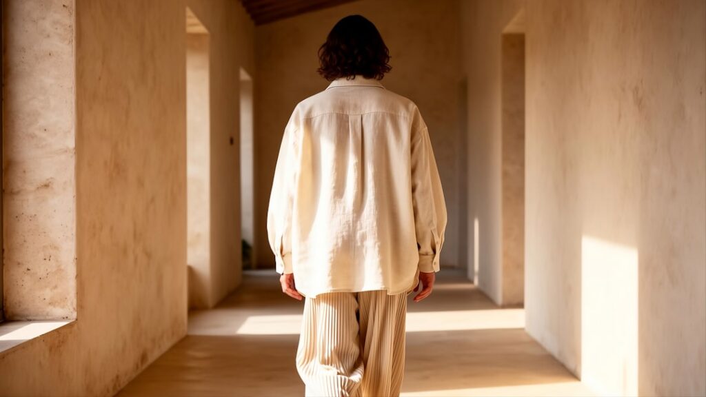 Person walking down a sunlit hallway