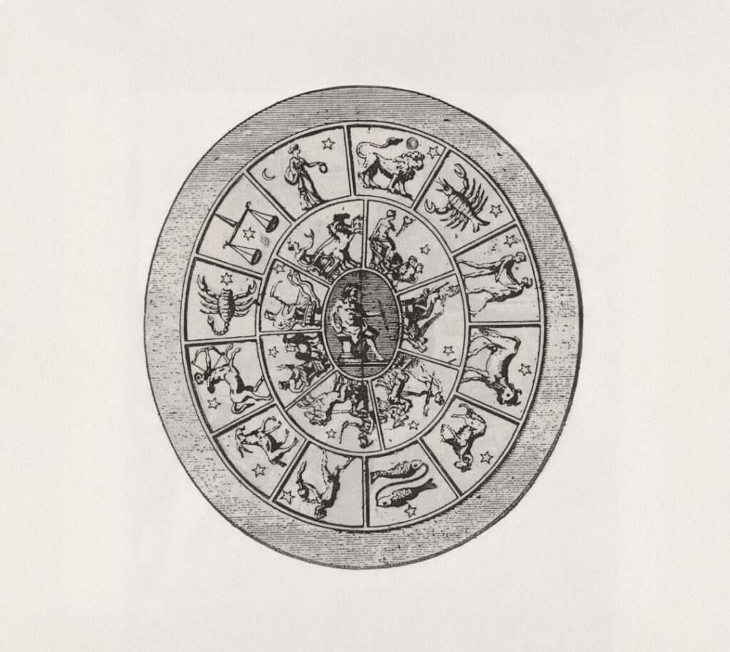 Zodiac wheel with astrological symbols and figures