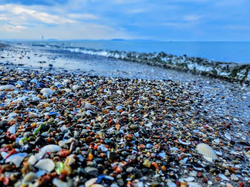 a beach covered in lots of different colored rocks