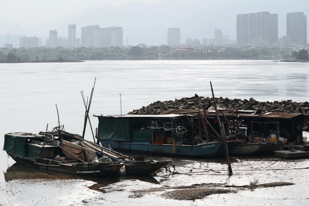 Boats moored on a muddy shore with city skyline background