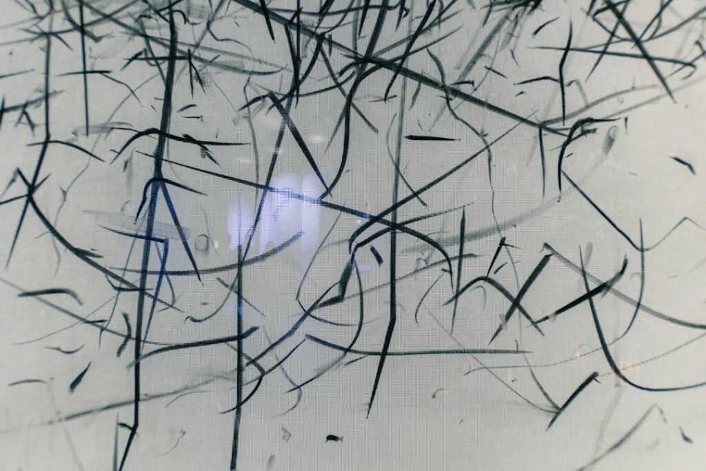 Abstract lines crisscross a white background.