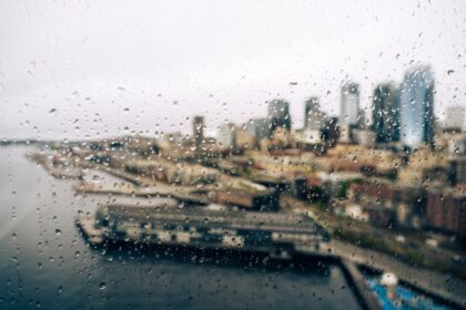 Raindrops on window overlooking city skyline