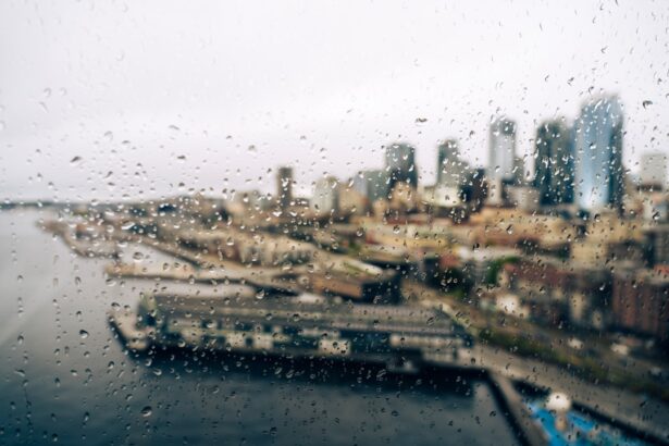 Raindrops on window overlooking city skyline