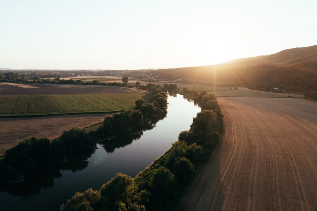 a river with a road and trees