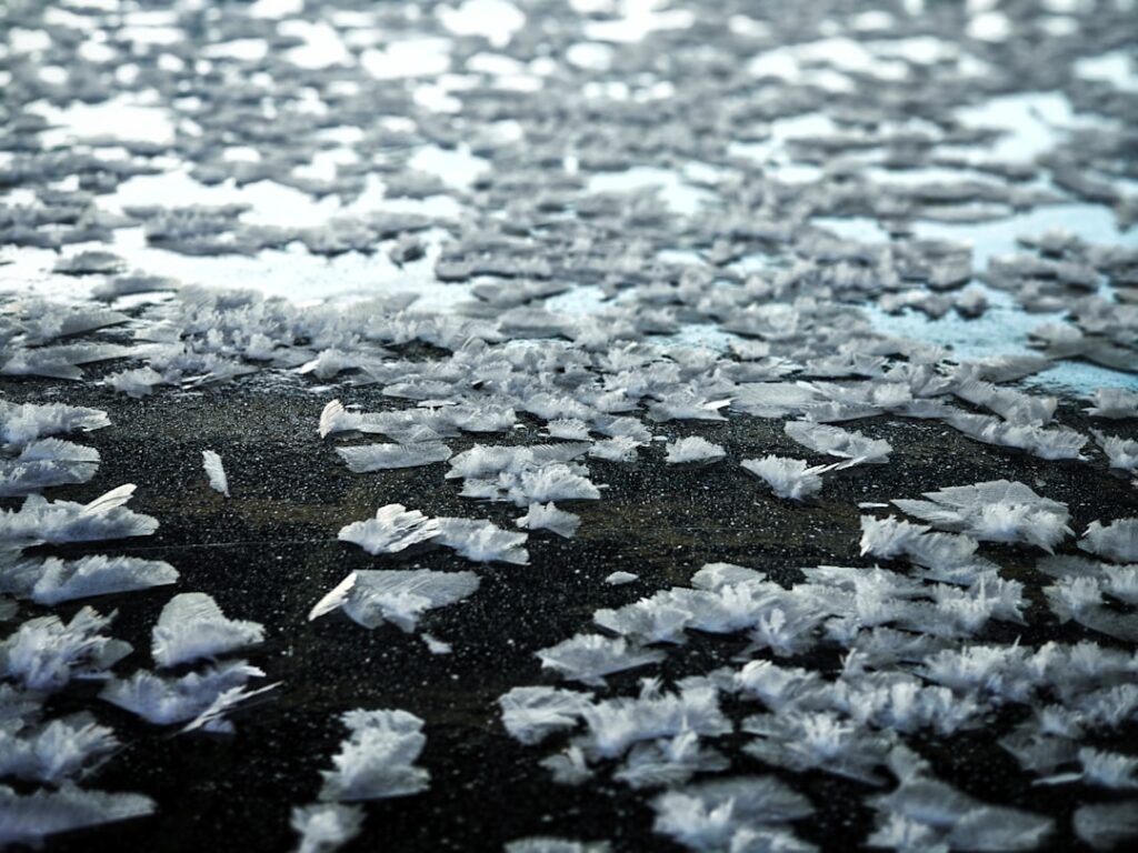 Close up of frost crystals on a dark surface.